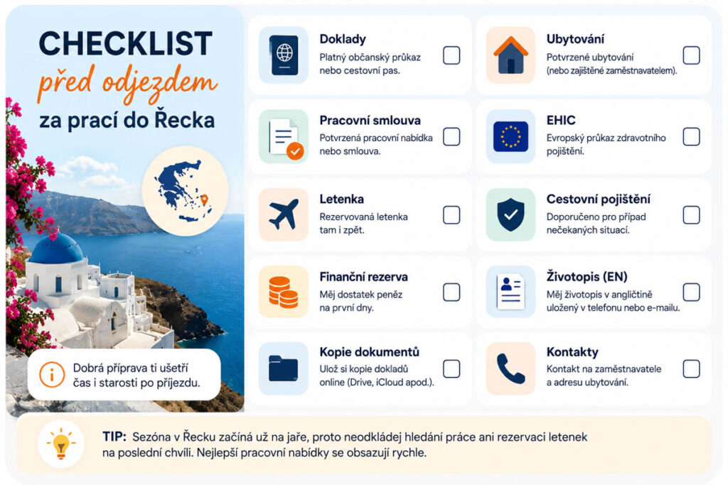 Checklist před odjezdem za prací do Řecka – doklady, letenka, pojištění, ubytování a další důležité věci.