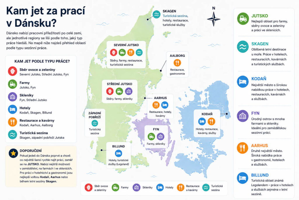 Mapa Dánska s přehledem nejlepších oblastí pro sezónní práci na farmách, sběr ovoce, hotely a restaurace.