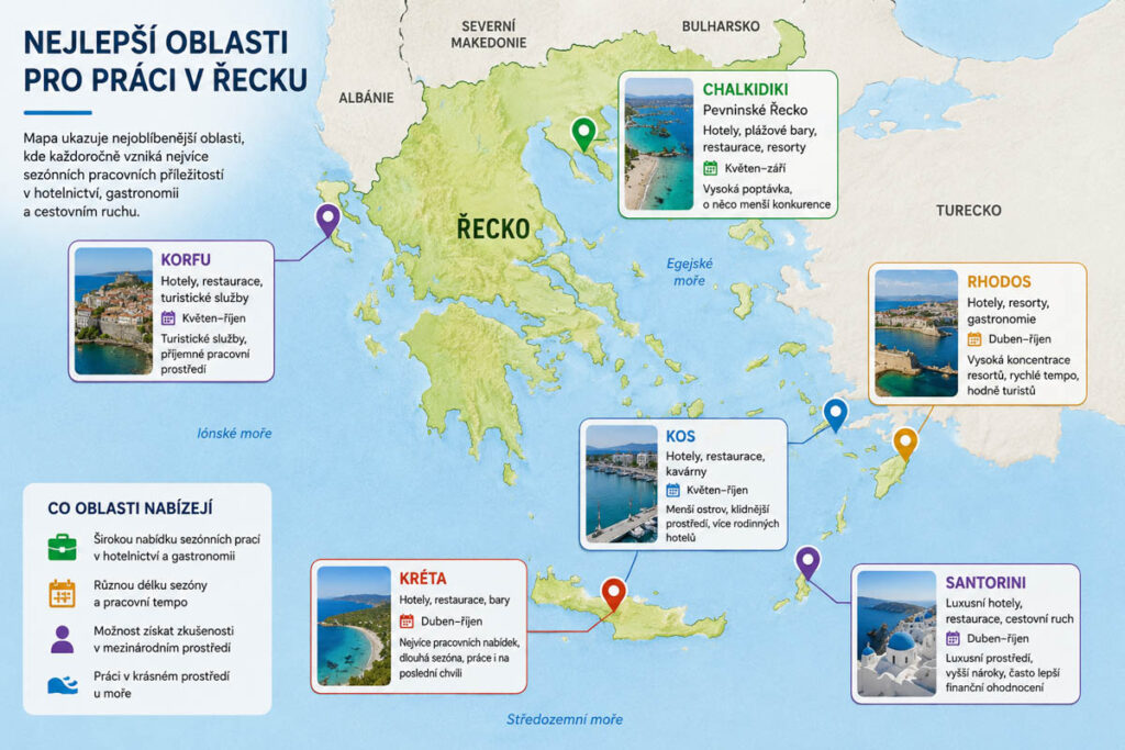 Mapa nejlepších oblastí pro sezónní práci v Řecku – Kréta, Rhodos, Chalkidiki, Kos, Korfu a Santorini.