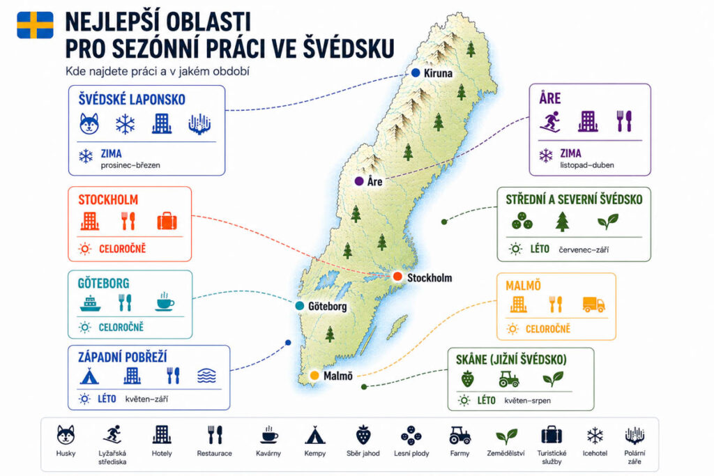 Mapa nejlepších oblastí pro sezónní práci ve Švédsku včetně Laponska, Åre, Stockholmu, Göteborgu, Malmö a Skåne.