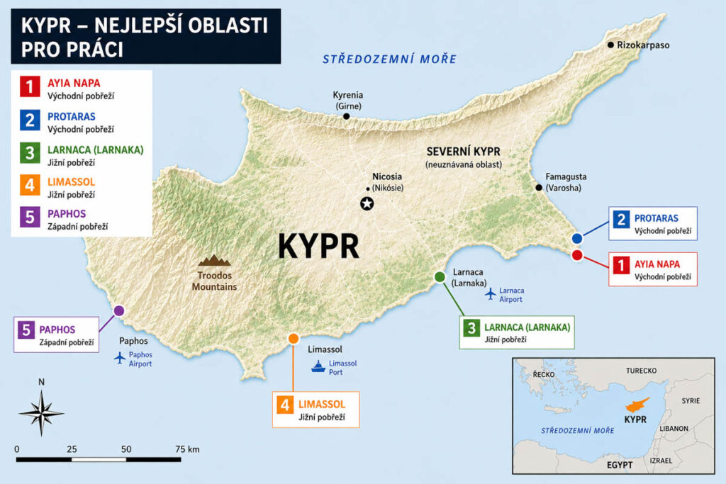 Mapa nejlepších oblastí pro práci na Kypru – Ayia Napa, Protaras, Larnaka, Limassol a Paphos.